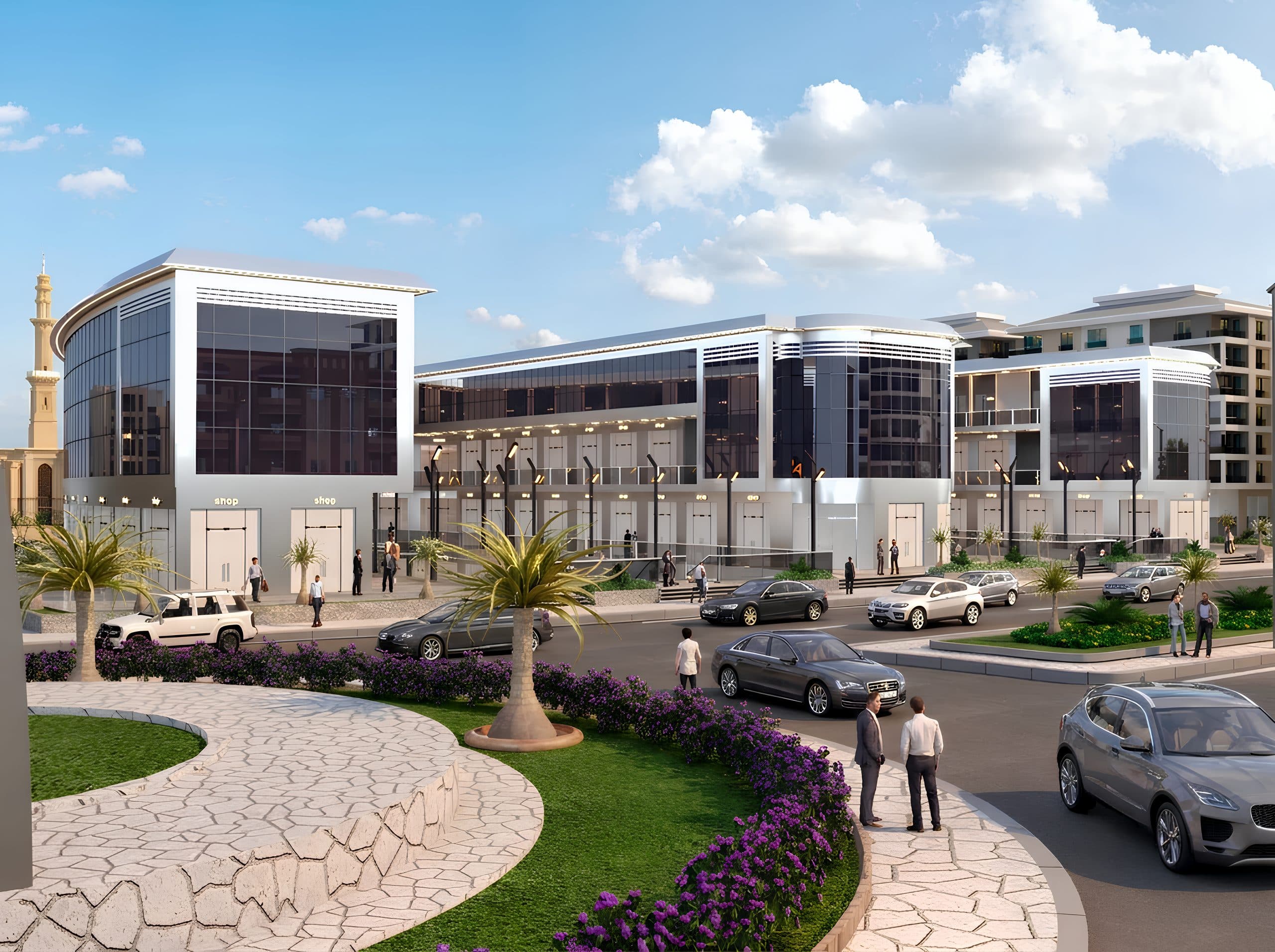 Egypt Mall main plaza with landscaped gardens and an adjacent mosque